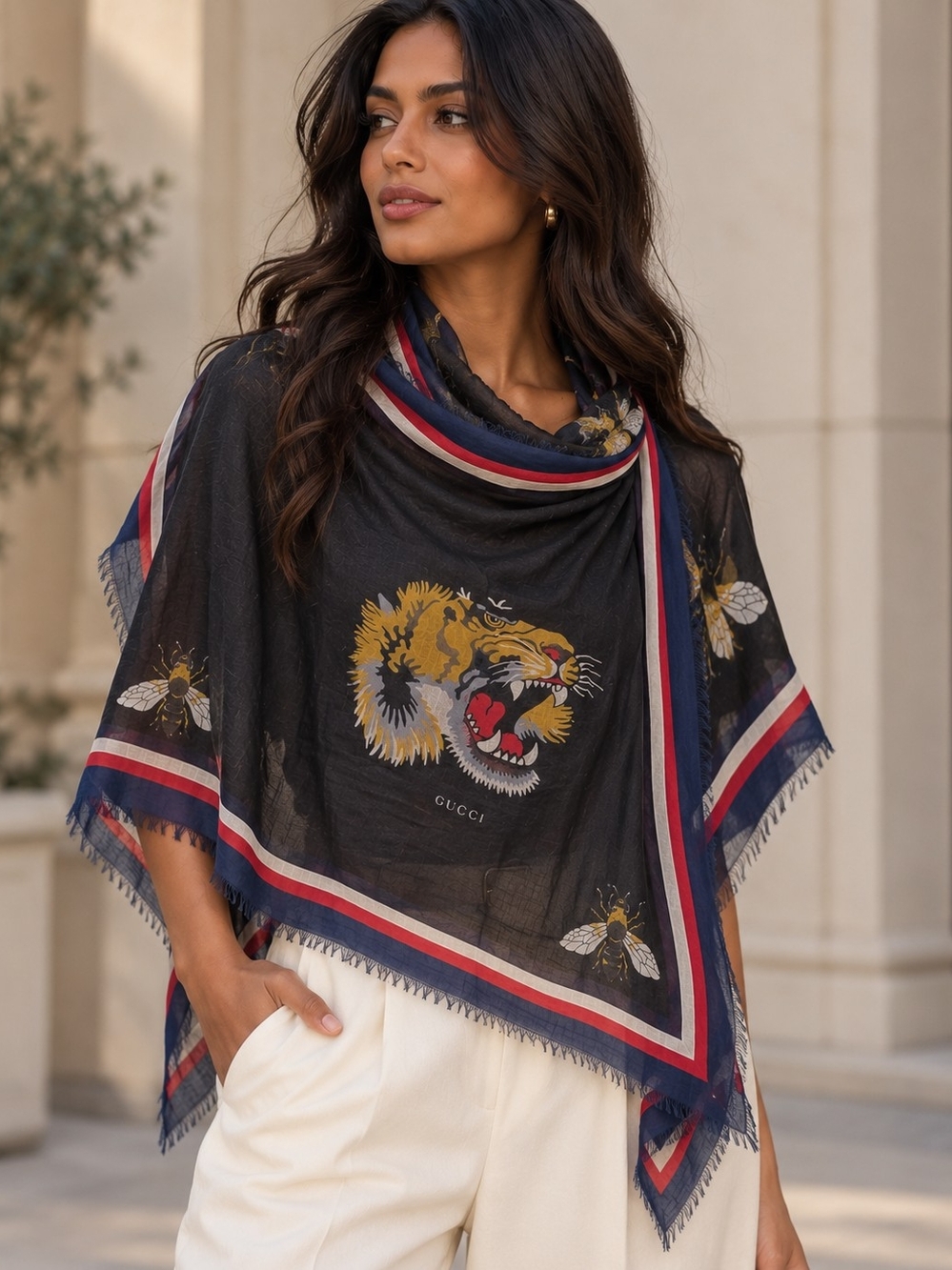 Gucci Black Tiger & Bee Print Silk Scarf